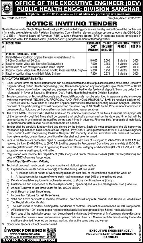 Public Health Engineering Division Sanghar Tender Notice
